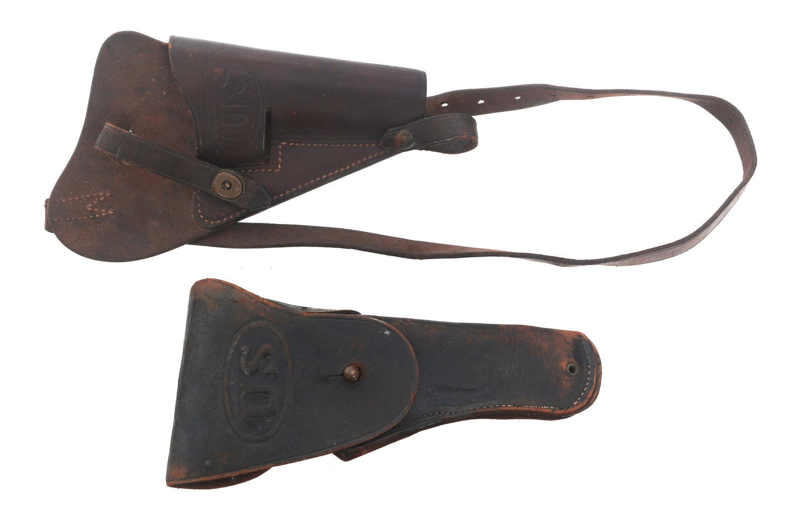 WWII US MILITARY LEATHER PISTOL HOLSTERS LOT OF 2: WWII US MILITARY LEATHER PISTOL HOLSTERS LOT OF 2 WWII US Military Leather Pistol Holsters. A) US M3 leather holster. Maker marked Sears Saddlery Co. and dated 1943. B) US M1916 leather pistol holster