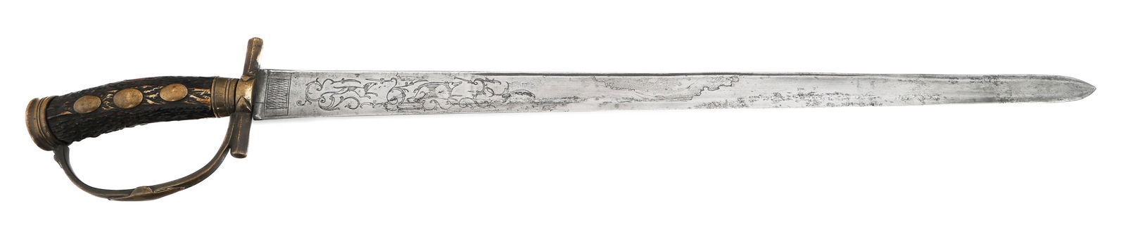 IMPERIAL GERMAN ARMY FORESTRY DAGGER: IMPERIAL GERMAN ARMY FORESTRY DAGGER Imperial German Army Forestry Dagger. Single edged blade with fuller. Dry point etched with hunting and floral scenes. Brass hilt with "D" guard. Stag horn handle