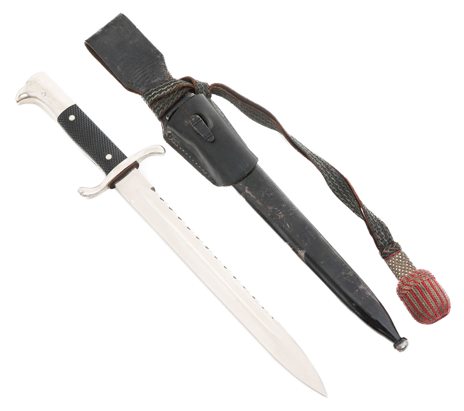 WWII GERMAN FIRE POLICE SAWBACK K98 DRESS BAYONET: WWII GERMAN FIRE POLICE SAWBACK K98 DRESS BAYONET WWII German Fire Police Sawback K98 Dress Bayonet. Single edged, bright blade with fuller and sawback spine. Maker marked by Carl Eickhorn on one side