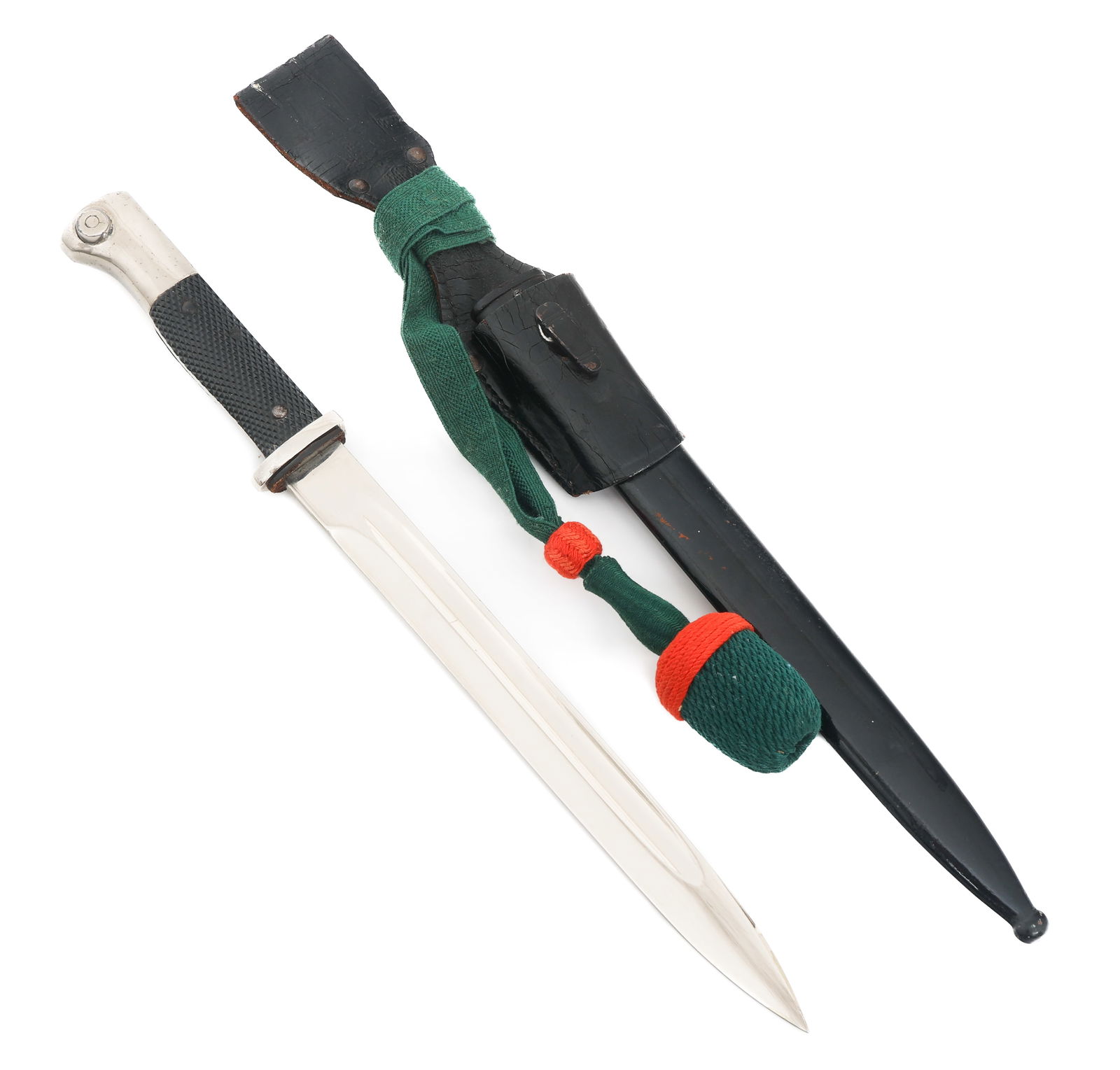 WWII GERMAN K98 DRESS BAYONET WITH SCABBARD: WWII GERMAN K98 DRESS BAYONET WITH SCABBARD WWII German K98 Dress Bayonet. Single edged, bright blade with fuller. Maker marked by Carl Eickhorn on the ricasso. Leather buffer pad present. Nickel-silv