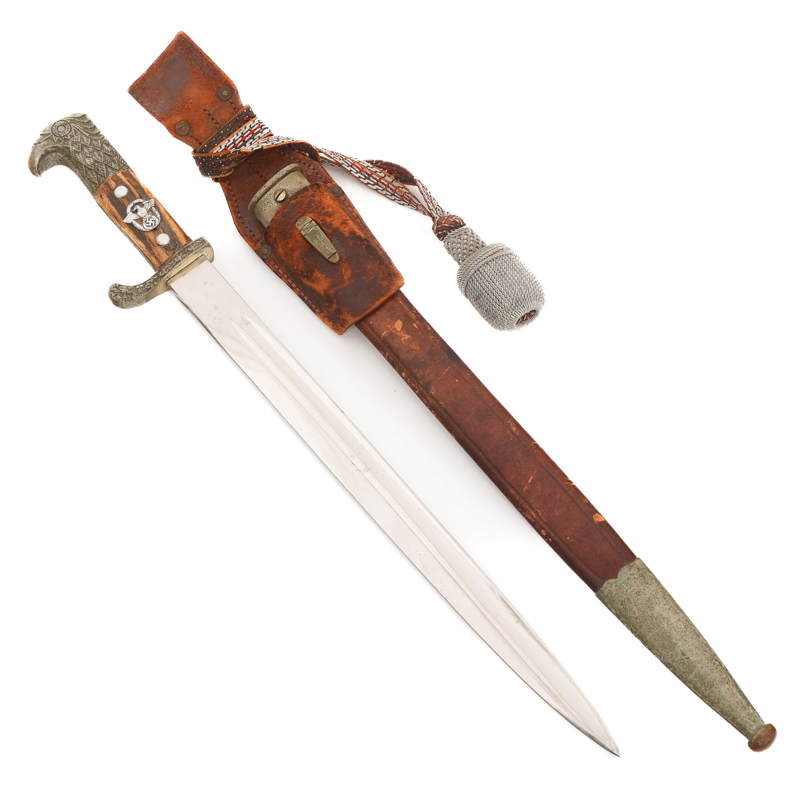 WWII GERMAN POLICE DRESS BAYONET by CARL EICKHORN: WWII GERMAN POLICE DRESS BAYONET by CARL EICKHORN WWII German Police Dress Bayonet. Single edged, bright blade with maker mark of Carl Eickhorn etched near the ricasso. Decorated nickel-silver hilt wi