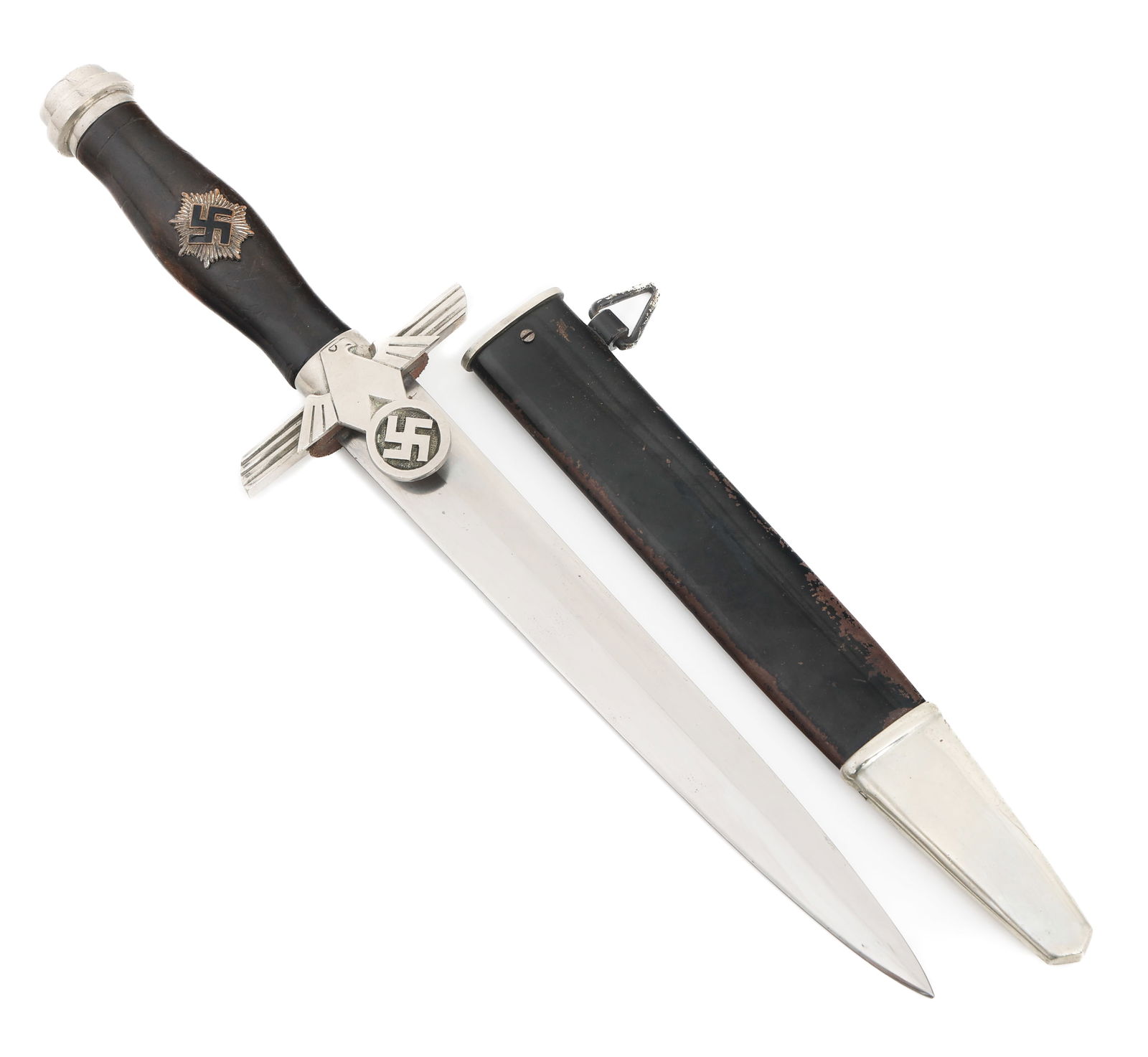 WWII GERMAN 2nd MODEL RLB SUBORDINATE DAGGER: WWII GERMAN 2nd MODEL RLB SUBORDINATE DAGGER WWII German Reichsluftschutzbund 2nd Model Subordinate Dagger. Double edged, bright blade. Maker marked by E & F Horster on the ricasso. Leather buffer pad