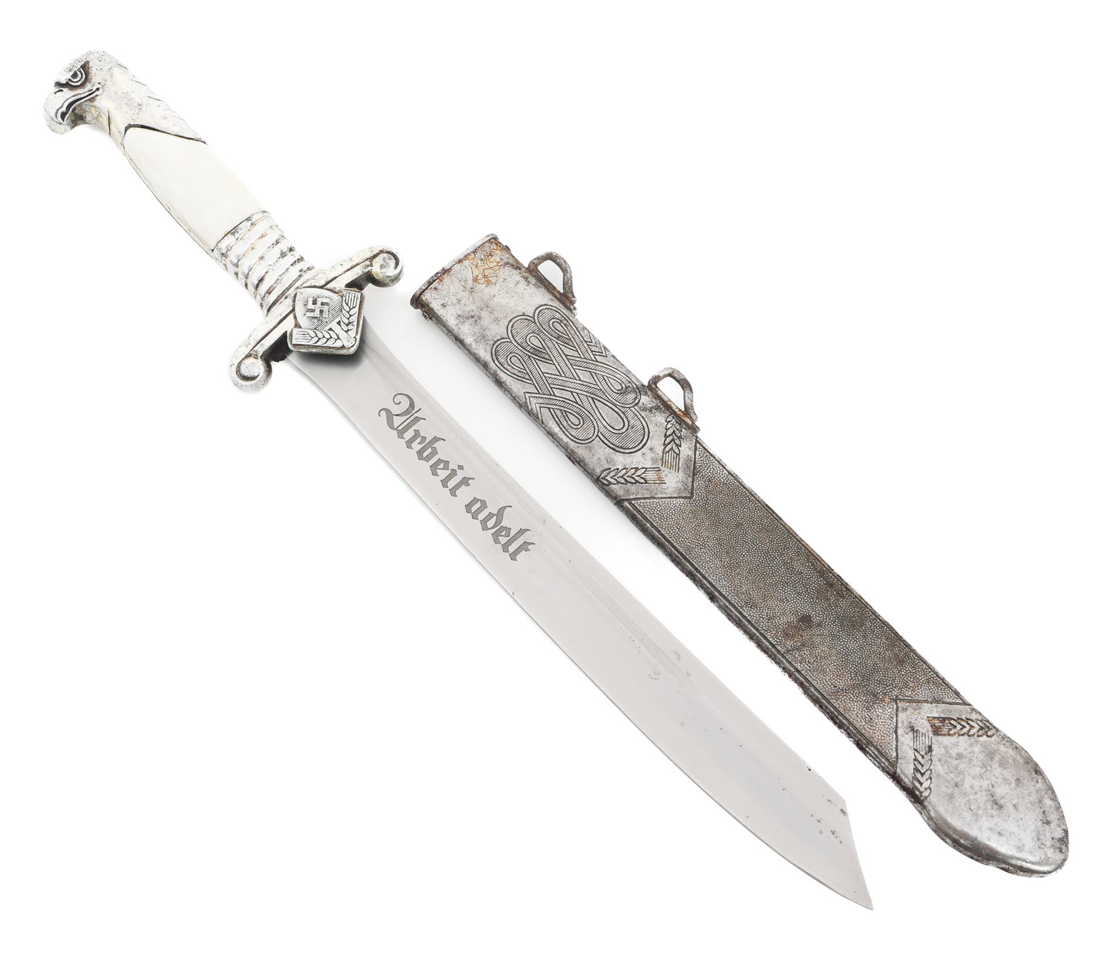 WWII GERMAN RAD LEADER DRESS DAGGER By HORSTER: WWII GERMAN RAD LEADER DRESS DAGGER By HORSTER WWII German RAD Leader Dress Dagger. Single edged, bright blade with acid etched motto Arbeit adelt on one side. Maker marked by E & F Horster on the ric