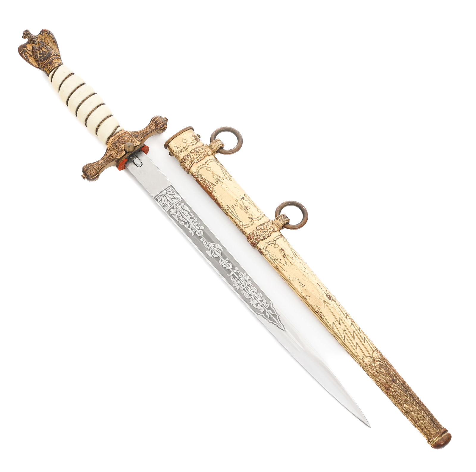 WWII GERMAN KRIEGSMARINE DRESS DAGGER by WKC: WWII GERMAN KRIEGSMARINE DRESS DAGGER by WKC WWII German Kriegsmarine 2nd Model Officer Dress Dagger. Double edged, bright blade with dual fuller. Acid etched with naval and floral patterns. Maker mar