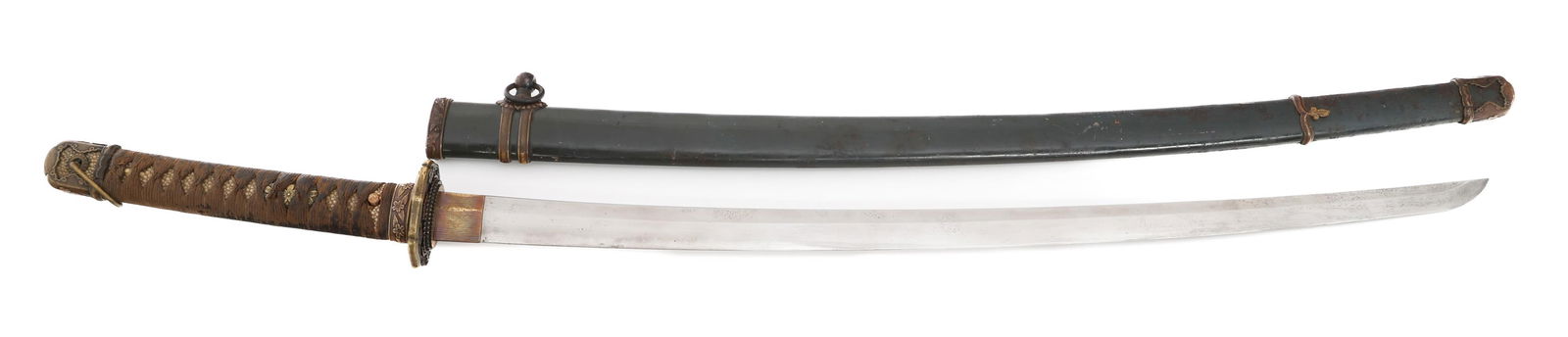 WWII IMPERIAL JAPANESE ARMY TYPE 98 SHIN-GUNTO: WWII IMPERIAL JAPANESE ARMY TYPE 98 SHIN-GUNTO WWII Imperial Japanese Army Type 98 Shin-Gunto. Single edged, curved, bright blade with Gunome style Hamon. One-hole tang with kanji characters and Showa