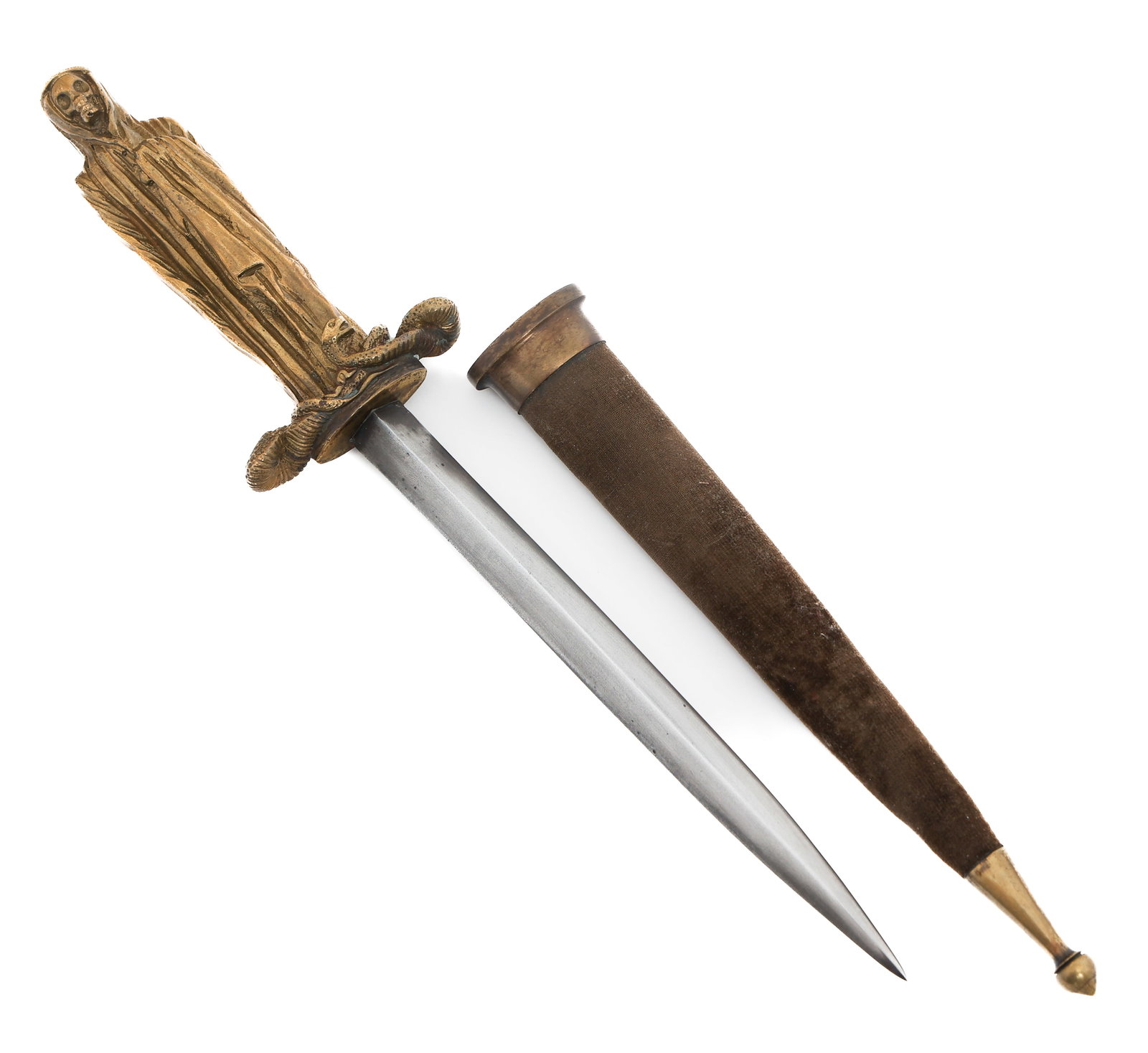 EUROPEAN ANGEL OF DEATH ROMANTIC DAGGER: EUROPEAN ANGEL OF DEATH ROMANTIC DAGGER European Angel of Death Romantic Dagger. Bright triangular blade. No visible marks or stamps. Single piece, brass hilt decorated with Angel of Death figure. Bla