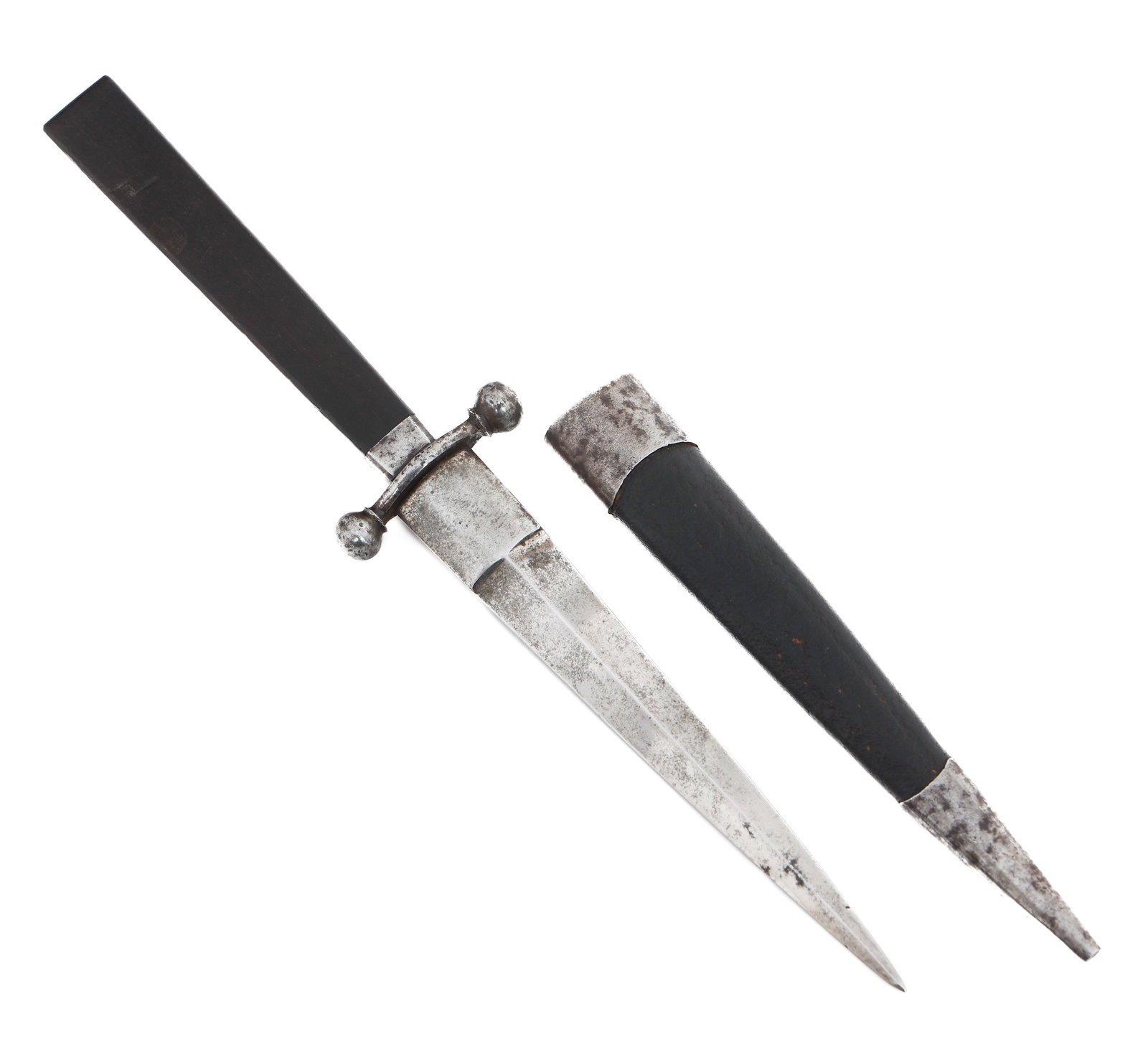 EUROPEAN DIAMOND SECTION DAGGER: EUROPEAN DIAMOND SECTION DAGGER European Diamond Section Dagger. Double edged, diamond section blade with no visible marks or stamps. Steel crossguard and ferrule. Ebony wood handle. Leather scabbard