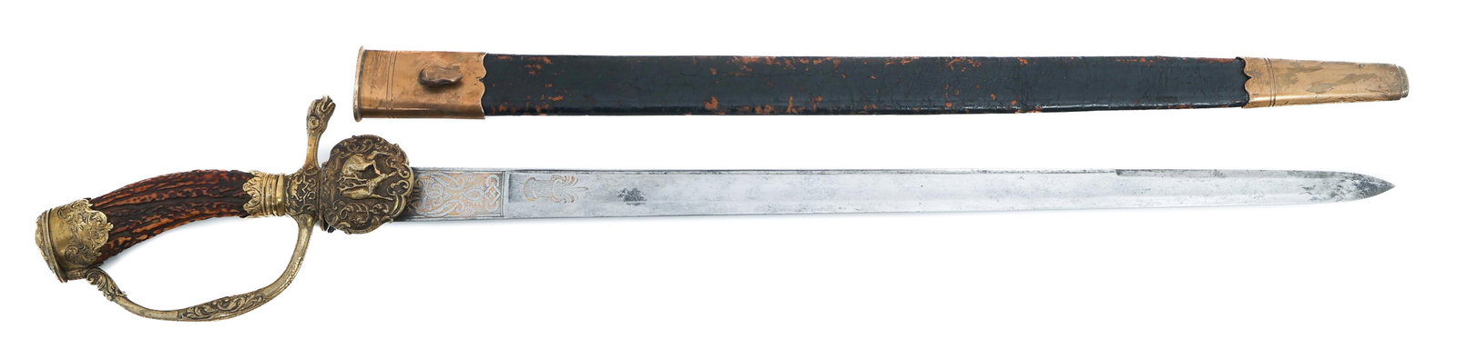 IMPERIAL GERMAN ACID ETCHED HUNTING DAGGER: IMPERIAL GERMAN ACID ETCHED HUNTING DAGGER Imperial German Hunting Dagger/Hirschfanger. Single edged, bright blade with fuller. Triple acid etched blade with stag and floral patterns in gold inlay. No