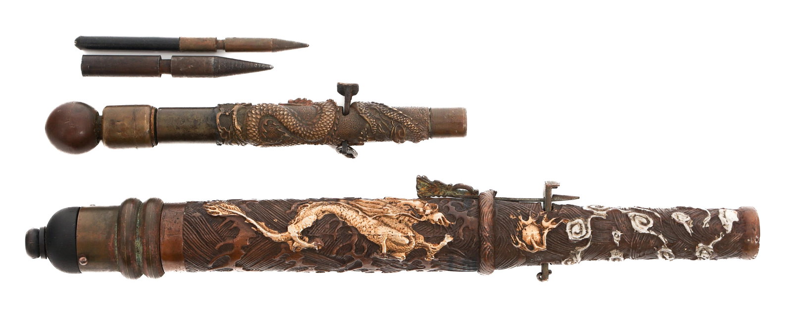 CHINESE ASSASSIN SLEEVE DART GUNS: CHINESE ASSASSIN SLEEVE DART GUNS Chinese Assassin Sleeve Dart Guns. Highly decorated Brass construction. Each includes dart. Collapsed length: 5" to 8 5/8". Overall length: 6 1/2" to 10 3/4".