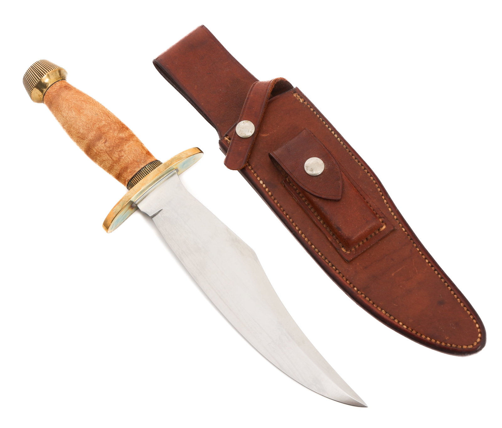 RANDALL MODEL 12 8" BEAR BOWIE KNIFE: RANDALL MODEL 12 8" BEAR BOWIE KNIFE Randall Model 12 8" Bear Bowie Knife. Single edged, bright, clip point blade with maker mark of Randall Made, Orlando, Fla. stamped on one side near the spine. Dou