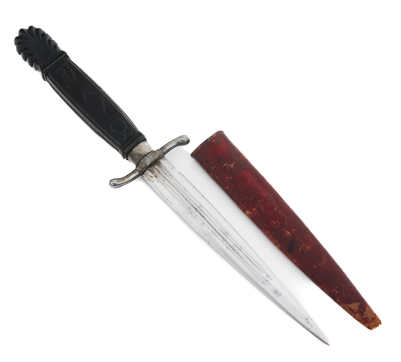 EUROPEAN GAMBLER'S DAGGER: EUROPEAN GAMBLER'S DAGGER European Gambler's Dagger. Unsharpened double edged, straight blade with dual fuller. No visible marks or stamps. Steel crossguard with composite handle. Leather sheath. Blad