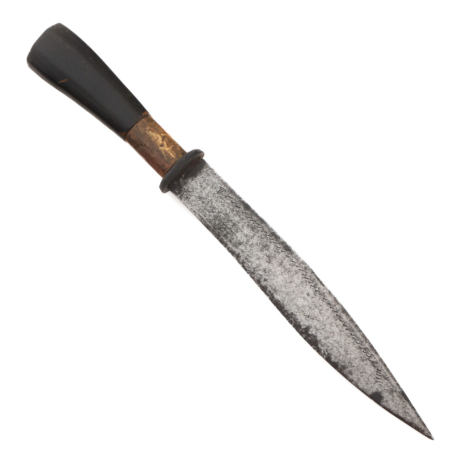 SOUTHEAST ASIAN FIGHTING KNIFE: SOUTHEAST ASIAN FIGHTING KNIFE Southeast Asian Fighting Knife. Single edged blade. No visible maker mark. Wood hilt with gilt steel ferrule. No scabbard. Blade Length: 7" Total Length: 11"