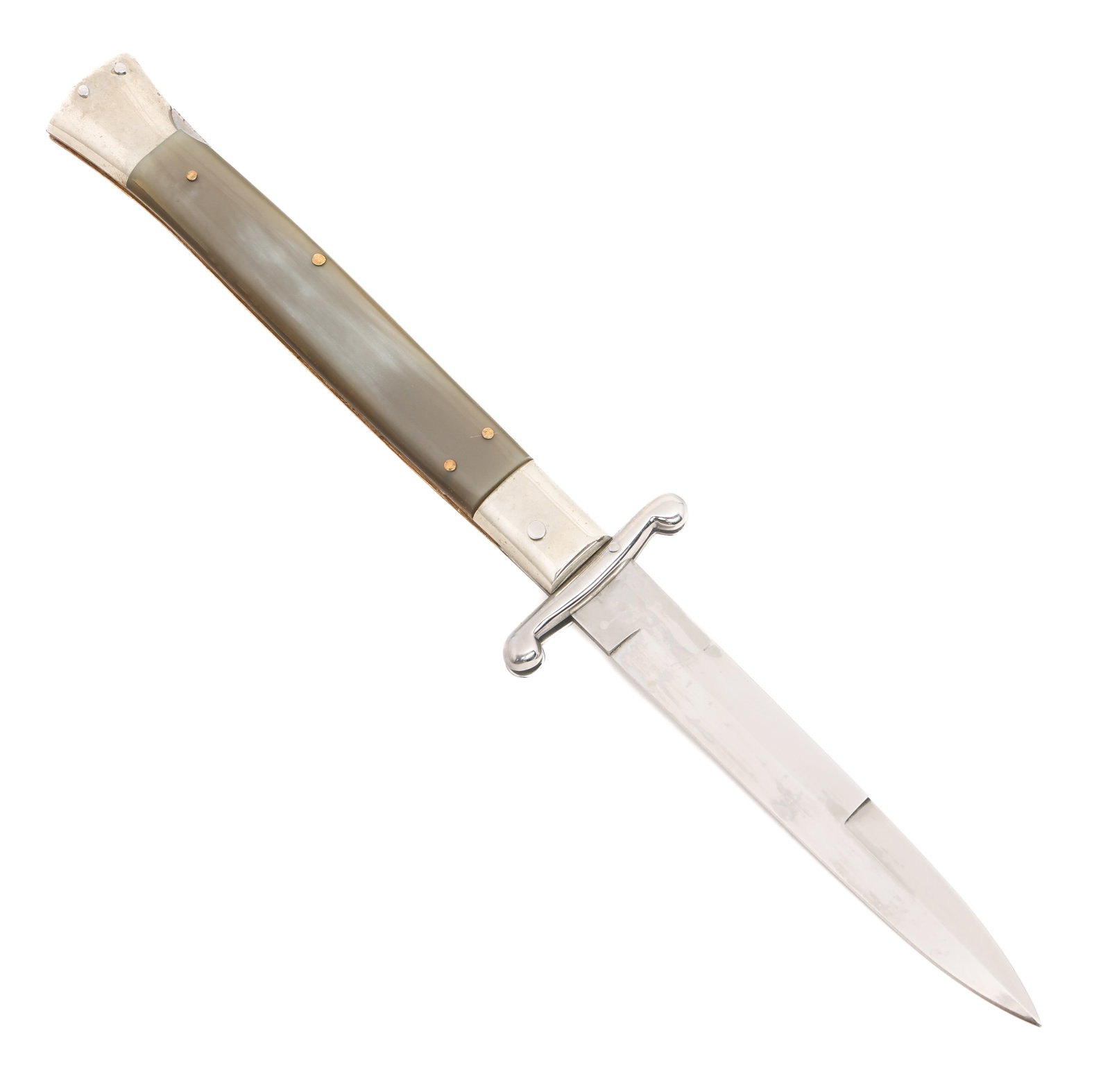 AGA CAMPOLIN SWITCHBLADE STILETTO KNIFE: AGA CAMPOLIN SWITCHBLADE STILETTO KNIFE A.G.A. Campolin Switchblade Stiletto Knife. Single edged, bright stiletto blade. Maker marked by A.G.A. Campolin, Italy and dated 2008 on the ricasso. Steel cro