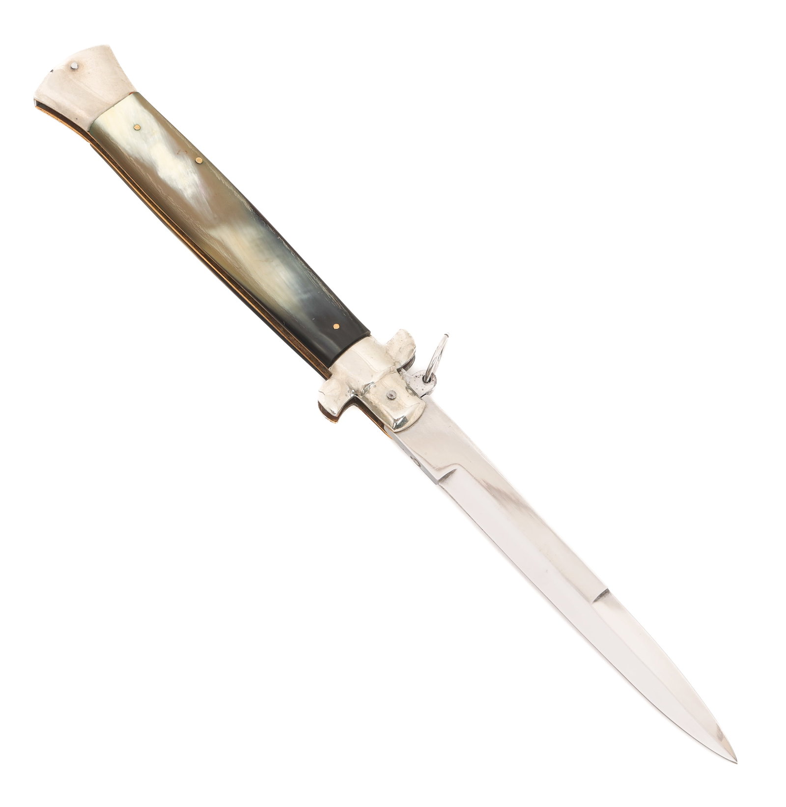 AGA CAMPOLIN SWITCHBLADE STILETTO KNIFE: AGA CAMPOLIN SWITCHBLADE STILETTO KNIFE A.G.A. Campolin Switchblade Stiletto Knife. Single edged, bright stiletto blade. Maker marked by A.G.A. Campolin, Italy on the ricasso. Nickel-silver hilt, horn