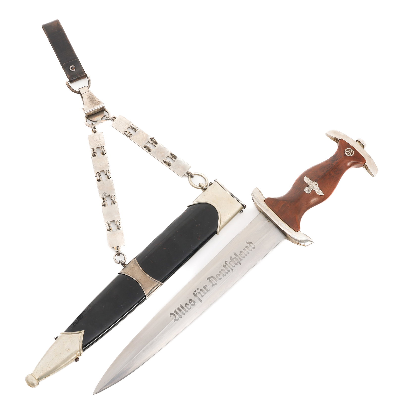 WWII GERMAN NSKK CHAINED PARTS DAGGER: WWII GERMAN NSKK CHAINED PARTS DAGGER WWII German NSKK Chained Parts Dagger. Period original blade maker marked by RZM M7/101. Acid etched motto Alles Fur Deutschland on light gray background. Highly