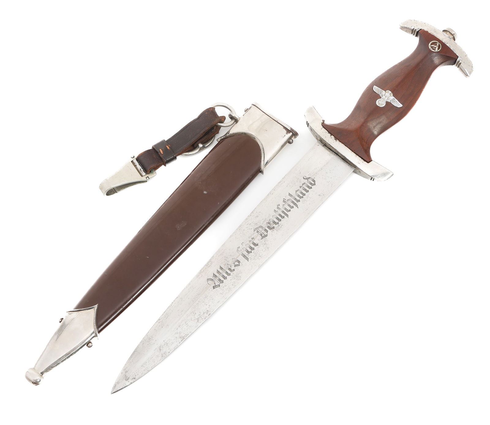 WWII GERMAN SA PARTS DAGGER by RZM M7/104: WWII GERMAN SA PARTS DAGGER by RZM M7/104 WWII German SA Post War Assembled Parts Dagger. Blade maker marked by RZM M7/104. Mismatched steel and plated alloy guards. Wood grip with reichsadler and SA