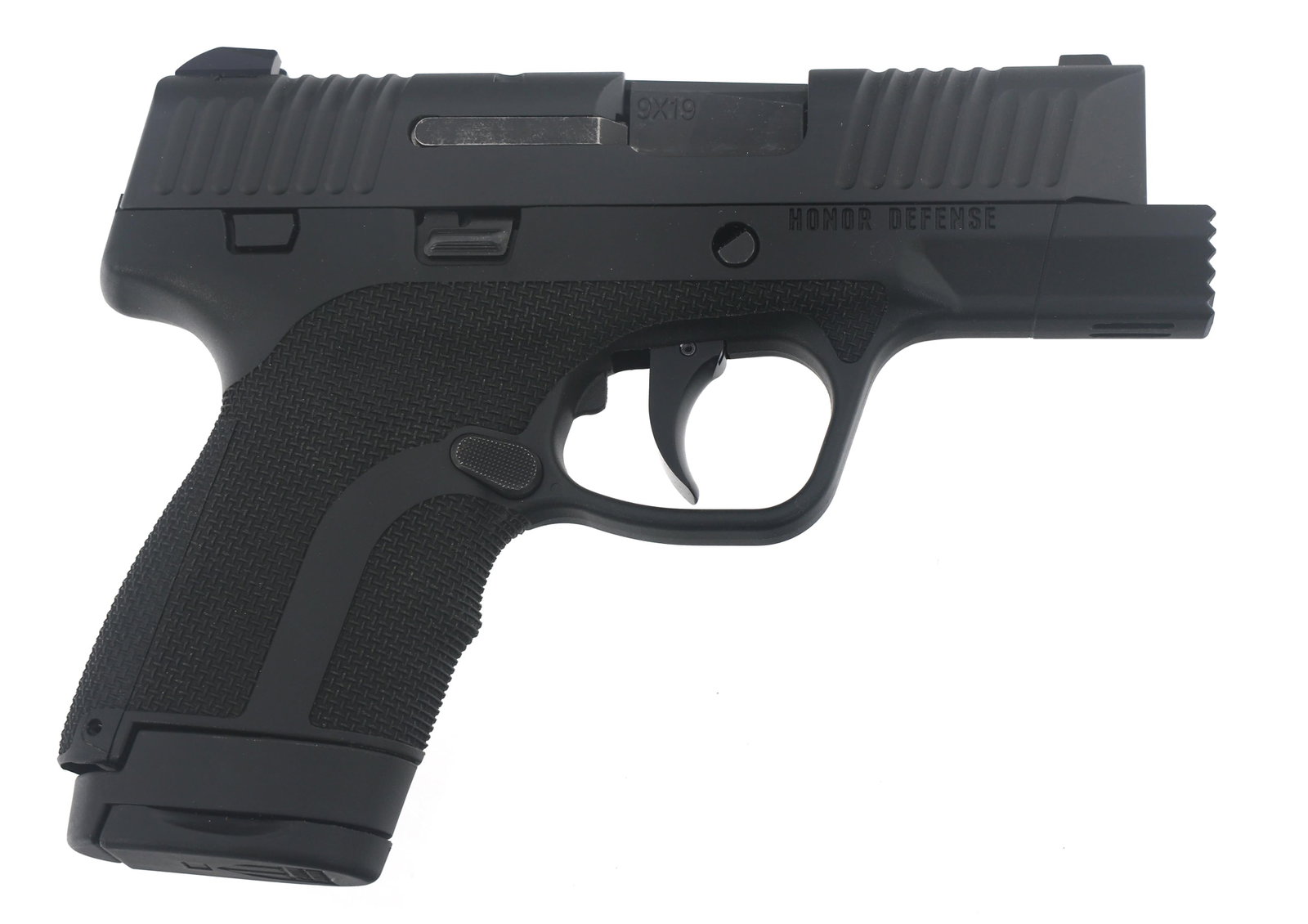 HONOR DEFENSE HONOR GUARD 9mm CAL SEMI AUTO PISTOL: HONOR DEFENSE HONOR GUARD 9mm CAL SEMI AUTO PISTOL Honor Defense Honor Guard 9x19mm caliber semi automatic pistol. Black finish. Polymer frame with textured grips. Fixed sights. Two backstraps. Manual