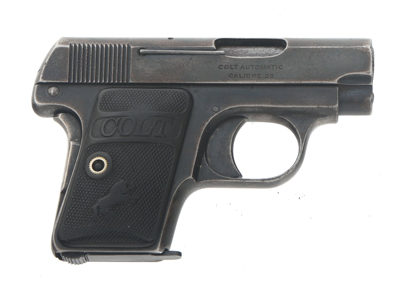 COLT MODEL 1908 HAMMERLESS .25 CALIBER PISTOL: COLT MODEL 1908 HAMMERLESS .25 CALIBER PISTOL 1921 Colt Model 1908 Hammerless .25 ACP caliber semi automatic pistol. Blued finish. Fixed sights. Checkered hard rubber grips with COLT logo. One magazin