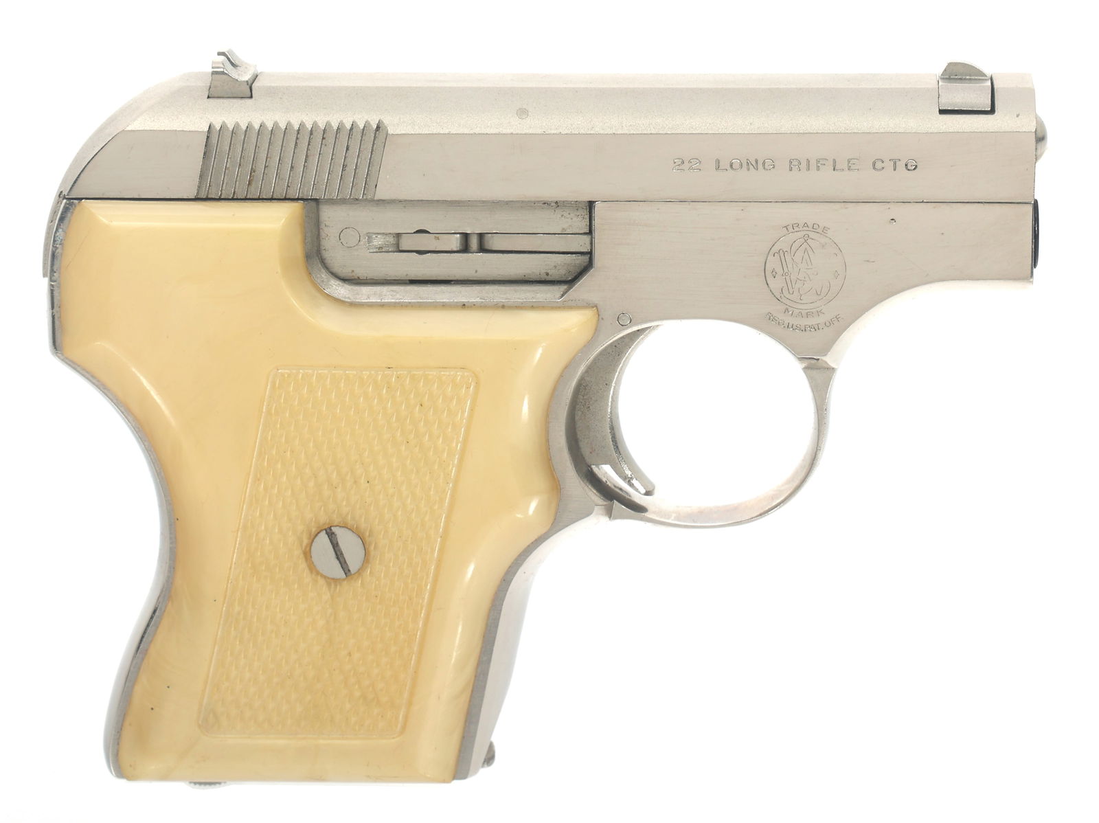 SMITH AND WESSON MODEL 61-2 .22 LONG RIFLE PISTOL: SMITH AND WESSON MODEL 61-2 .22 LONG RIFLE PISTOL Smith and Wesson Model 61-2 .22 Long Rifle caliber semi-automatic pistol. Fixed sights. Nickel finish. Checkered composite grips. One magazine. Soft c