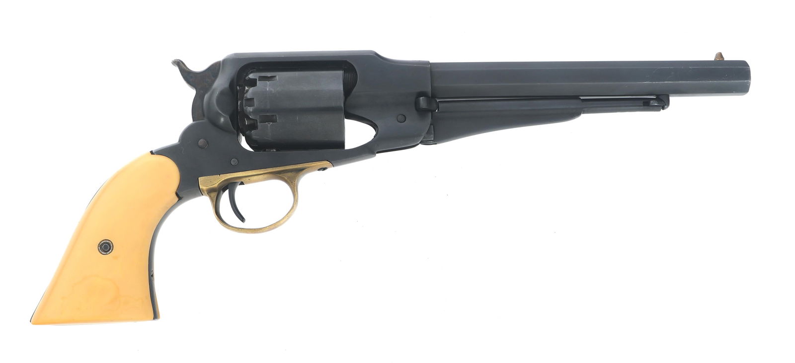 MODERN MODEL NEW ARMY 44 CAL PERCUSSION REVOLVER: MODERN MODEL NEW ARMY 44 CAL PERCUSSION REVOLVER Modern copy Model New Army .44 caliber percussion revolver. W stamped on right barrel flat and cylinder. Blued finish. Brass trigger guard. Octagonal b