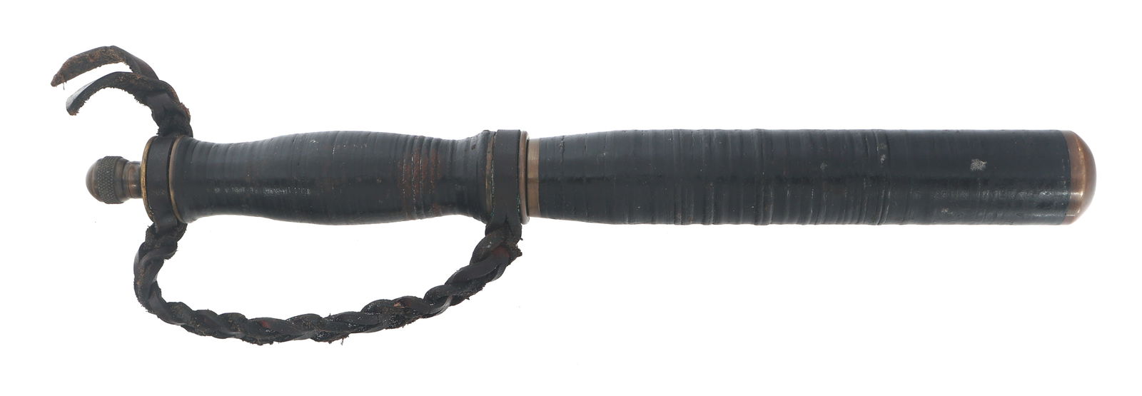 MARBLES SAFETY AXE CO. TEAR GAS BATON: MARBLES SAFETY AXE CO. TEAR GAS BATON Marbles Safety Axe Co. tear gas baton. Stacked leather over brass and steel. Stacked leather handle. Knurled brass cocking knob. 14.75" overall length. Barrel Len