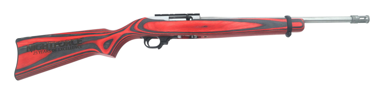 RUGER 10/22 NIGHTFORCE .22 LR CALIBER RIFLE: RUGER 10/22 NIGHTFORCE .22 LR CALIBER RIFLE Ruger model 10/22 Nightforce edition .22 LR caliber semi-automatic rifle. Metal flash hider. Scope rail. Wood stock with plastic buttplate. Extended magazin