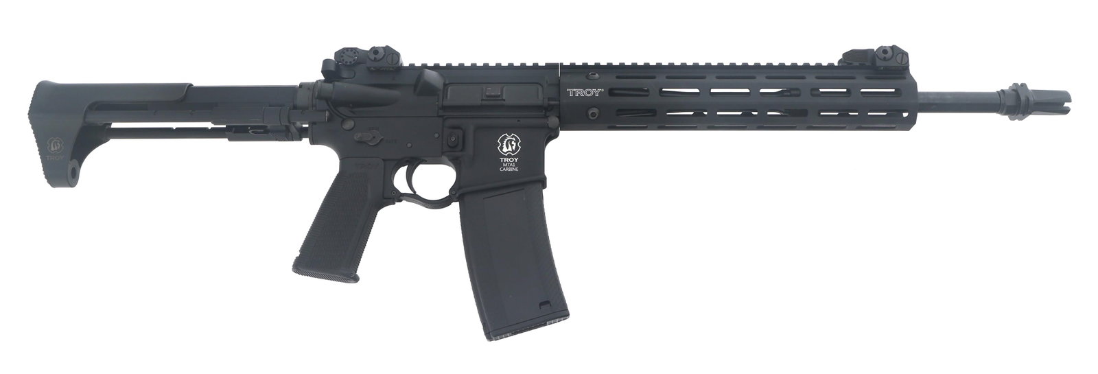TROY M7A1 AR-15 5.56 CALIBER SEMI AUTOMATIC RIFLE: TROY M7A1 AR-15 5.56 CALIBER SEMI AUTOMATIC RIFLE Troy Defense M7A1 5.56x45mm caliber AR-15 semi-automatic rifle. 16.5 inch barrel with three prong flash hider. 11 inch M-Lok rail. Troy PDW Multi posi