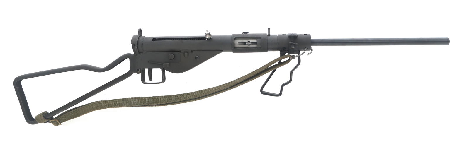 CATCO SA-2 STEN MK II 9mm CAL SEMI AUTO CARBINE: CATCO SA-2 STEN MK II 9mm CAL SEMI AUTO CARBINE Catco SA-2 Sten Mk II 9x19mm caliber semi automatic carbine. Matte black finish. Blade front sight. Rear peep sight. Metal grip and stock. Canvas sling.