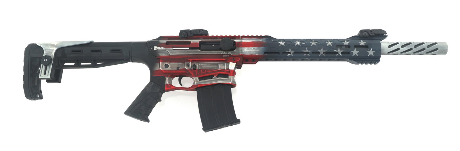 CITADEL BOSS-25 12 GAUGE SEMI-AUTOMATIC SHOTGUN: CITADEL BOSS-25 12 GAUGE SEMI-AUTOMATIC SHOTGUN Citadel Boss-25 12 Gauge semi-automatic shotgun. 3 inch chamber. Cerakote USA flag finish. Adjustable flip up sights. Two magazines. Set of chokes. Acce