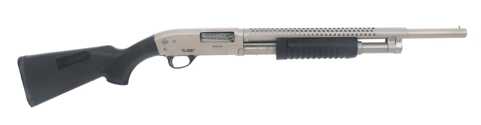 RIA MODEL M5 12 GAUGE PUMP ACTION SHOTGUN: RIA MODEL M5 12 GAUGE PUMP ACTION SHOTGUN Rock Island Armory Model M5 12 gauge pump action shotgun. Bead front sight. Heat shield. Composite stock. Import stamped APINTL. Factory cardboard box with ow