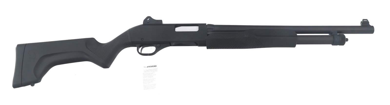 STEVENS MODEL 320 12 GAUGE PUMP ACTION SHOTGUN: STEVENS MODEL 320 12 GAUGE PUMP ACTION SHOTGUN Stevens model 320 12 gauge pump action shotgun. Ghost ring rear sight with green fiber optic front sight. Black composite furniture. Factory cardboard bo