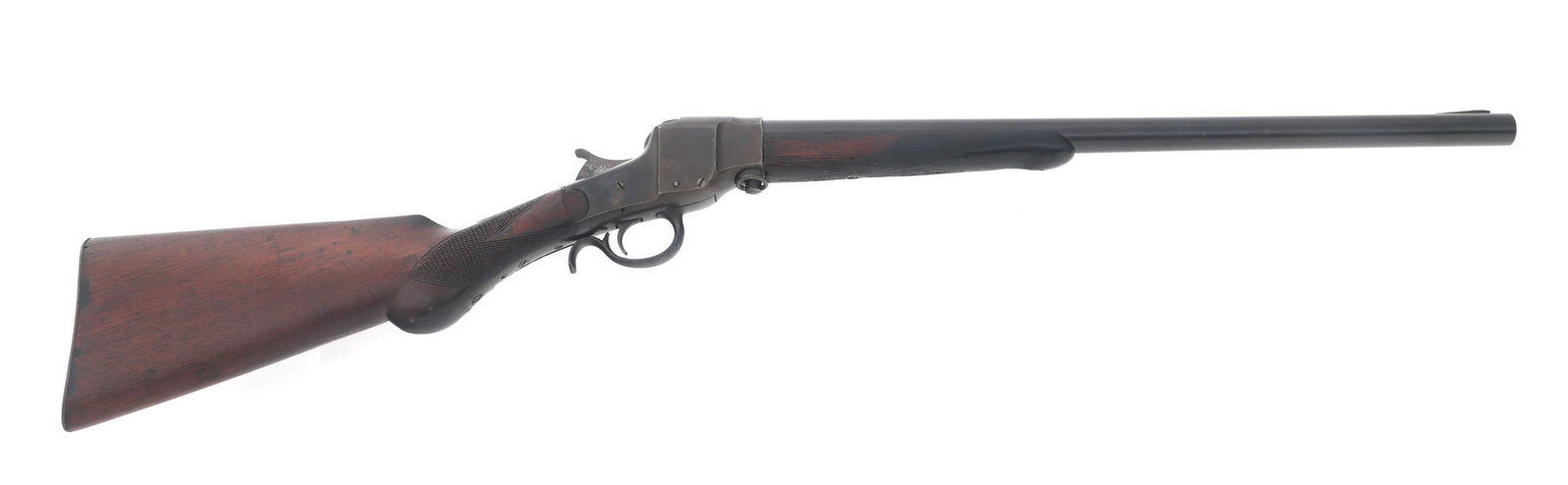 HOPKINS AND ALLEN 10 GAUGE FALLING BLOCK SHOTGUN: HOPKINS AND ALLEN 10 GAUGE FALLING BLOCK SHOTGUN Hopkins and Allen 10 gauge falling block shotgun. Fixed notch front sight. Receiver groove rear sight. Checkered wood handguard and stock with metal bu
