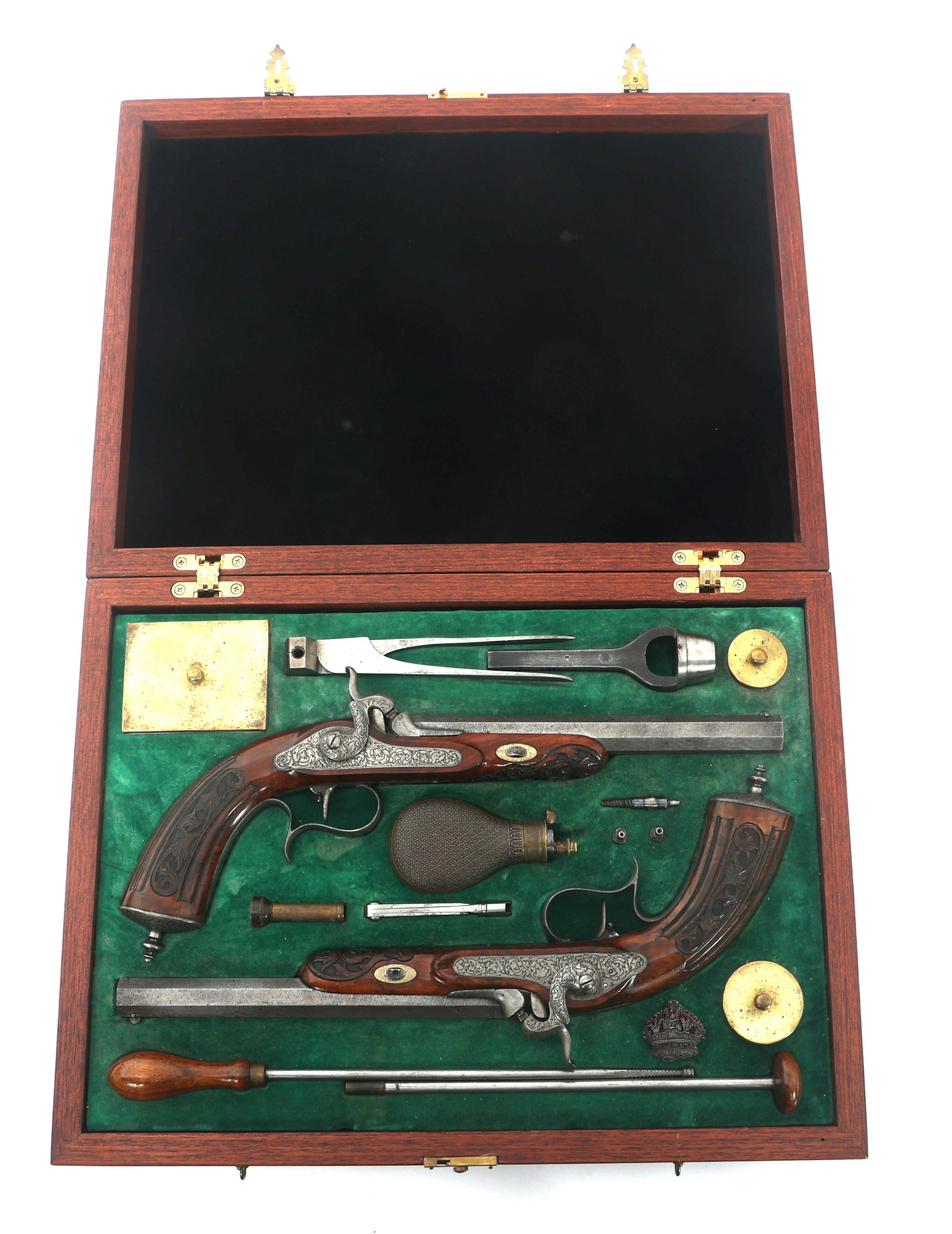 SWISS JOS. HAAS .38 CALIBER PISTOLS - CASED PAIR: SWISS JOS. HAAS .38 CALIBER PISTOLS - CASED PAIR Cased pair of Swiss Jos. Haas of Lucerne percussion pistols. JOS. HAAS A. LUCERNE stamped on tops of barrels. ELG proofs stamped on sides of barrels. C