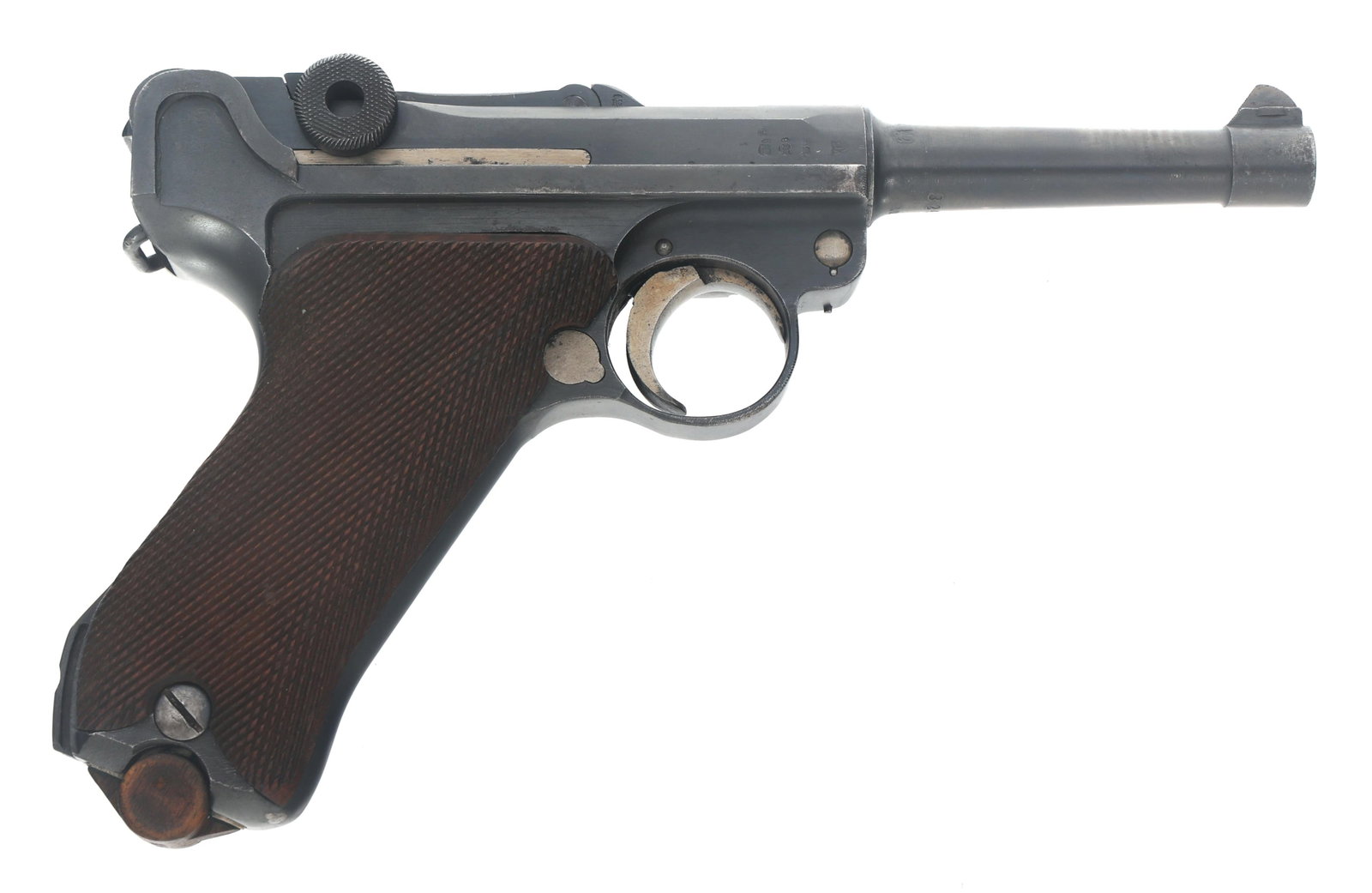 1918 GERMAN ERFURT MODEL P 08 9mm LUGER PISTOL: 1918 GERMAN ERFURT MODEL P 08 9mm LUGER PISTOL WWI 1918 Erfurt Model P08 9x19mm caliber semi-automatic Luger pistol. Serial numbers match on receiver, frame, barrel, magazine, extractor, forward and r