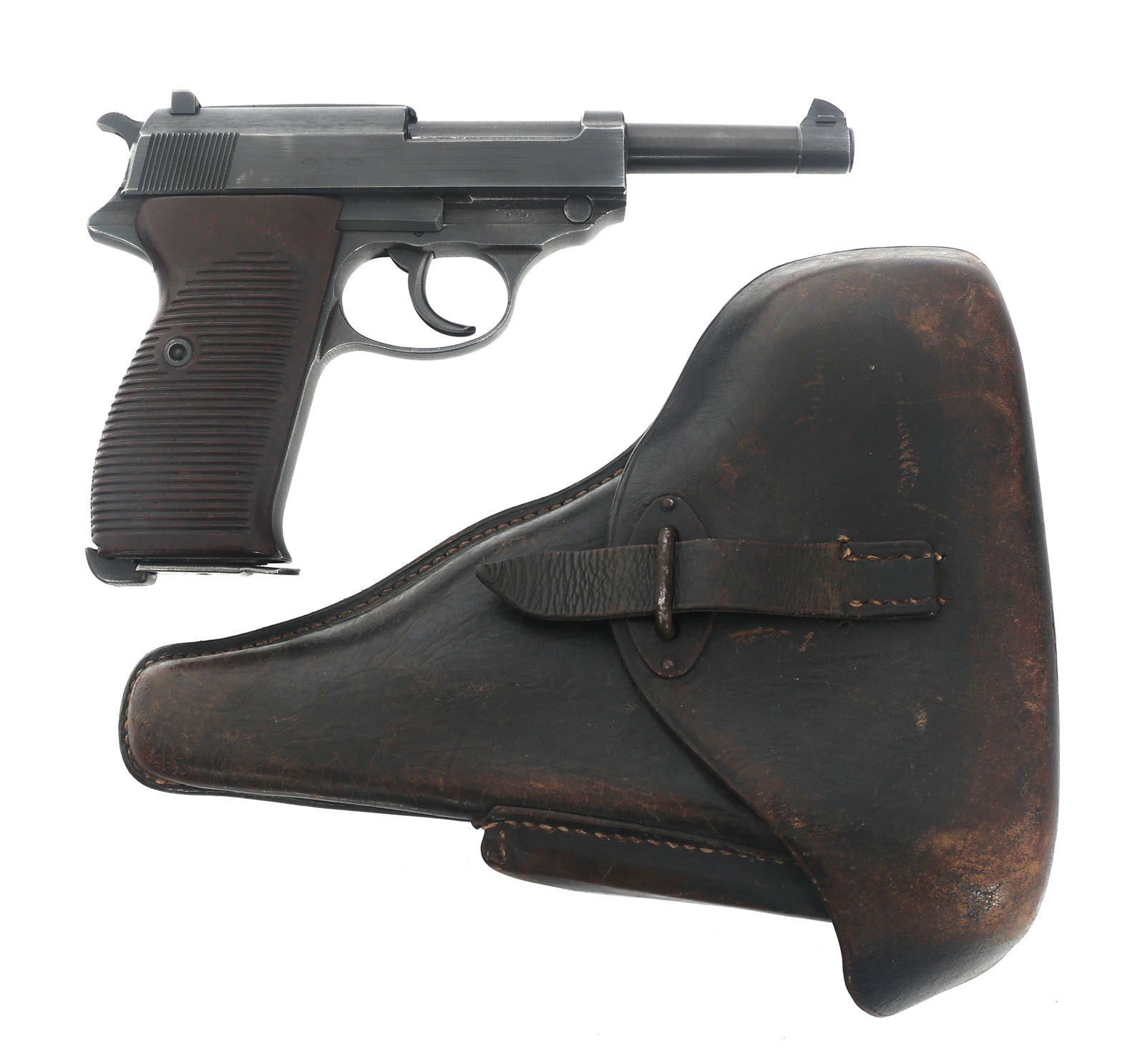 WWII GERMAN byf CODE MAUSER MODEL P38 9mm PISTOL: WWII GERMAN byf CODE MAUSER MODEL P38 9mm PISTOL 1944 WWII German byf Code Mauser model P38 9x19mm caliber semi automatic pistol with leather holster. Blued finish. No import stamp. Right side of slid