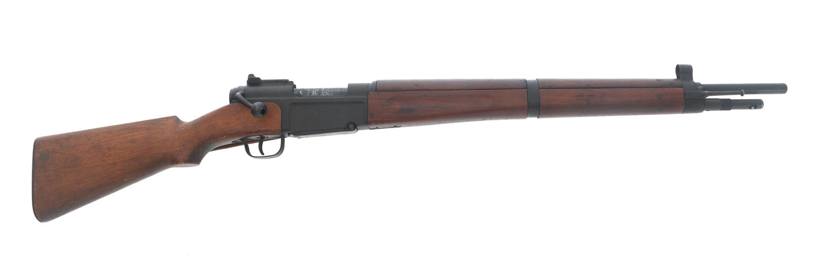 FRENCH MAS MLE 36 7.5mm CALIBER BOLT ACTION RIFLE: FRENCH MAS MLE 36 7.5mm CALIBER BOLT ACTION RIFLE French MAS Mle 1936 7.5x54mm bolt action rifle. Import stamped CAI. Hooded front sight. Adjustable rear sight. Bayonet. Leather sling. Wood stock. Cal