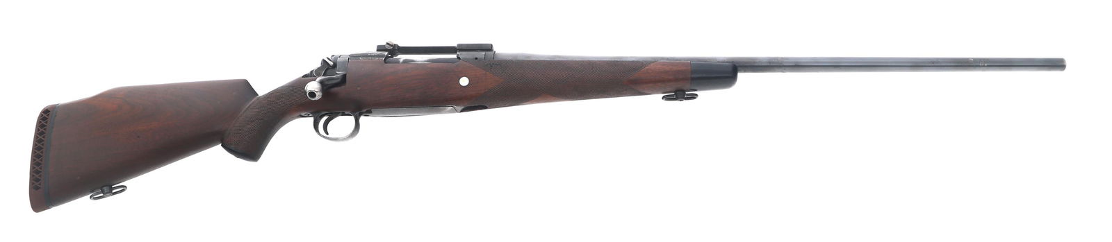 SPORTERIZED US EDDYSTONE MODEL 1917 220 RIFLE: SPORTERIZED US EDDYSTONE MODEL 1917 220 RIFLE Sporterized US Eddystone Model 1917 220 Swift caliber bolt action rifle. Blued finish. Redfield scope base. Checkered wood stock. Sling swivels. Previous