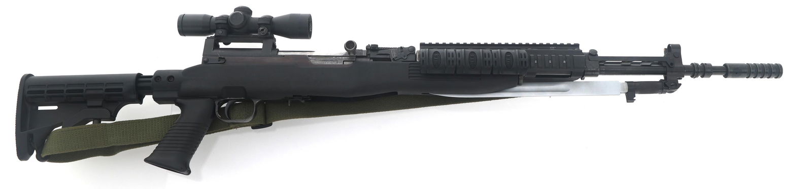 SPORTERIZED ZASTAVA M59/66 7.62x39mm CAL RIFLE: SPORTERIZED ZASTAVA M59/66 7.62x39mm CAL RIFLE Sporterized Zastava Model 59/66 7.62x39mm caliber semi automatic rifle. Spigot muzzle device with flip up launcher sight. Folding bayonet. UTG rail handg