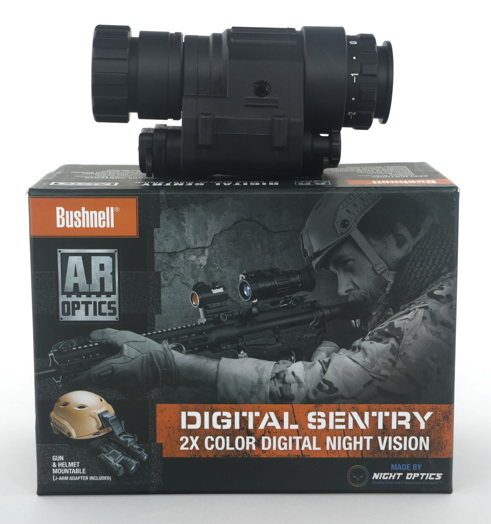 BUSHNELL DIGITAL SENTRY 2x28mm NIGHT VISION OPTIC: BUSHNELL DIGITAL SENTRY 2x28mm NIGHT VISION OPTIC Bushnell Digital Sentry 2x28mm Night Vision Optic and Rifle Scope. Includes J-arm adapters for Picatinny rifle rails and for helmet mounts. Model # AR