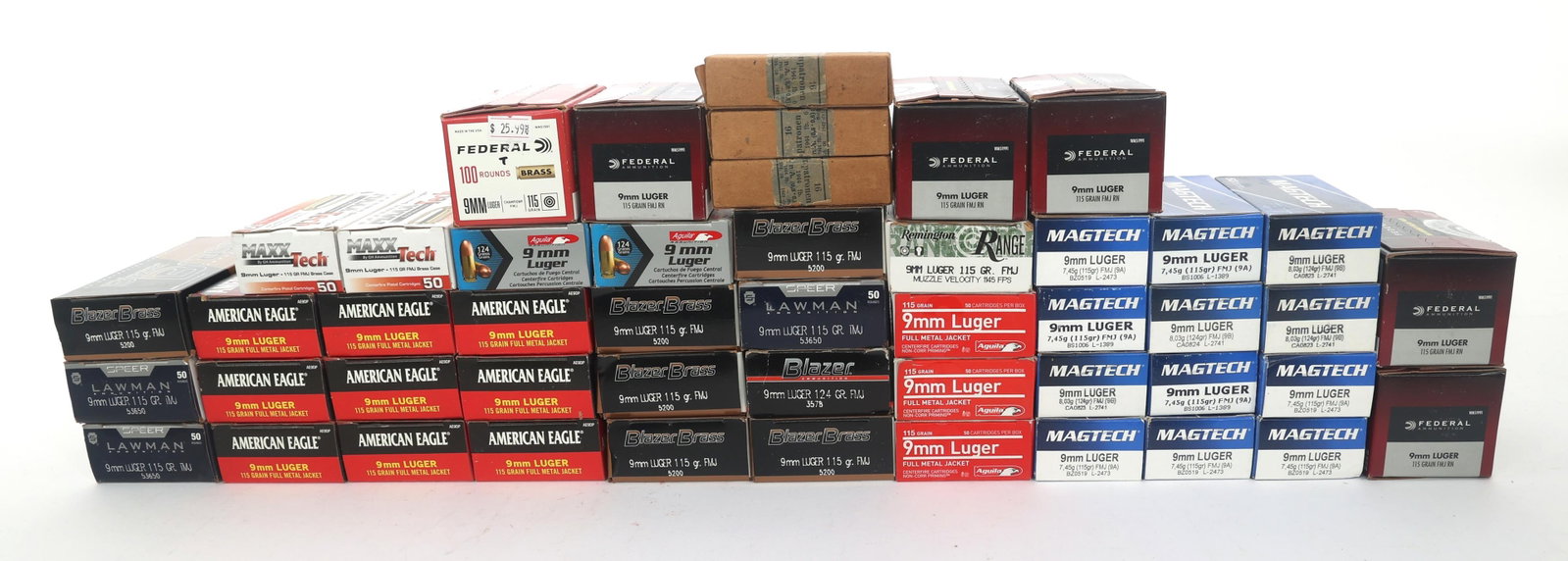 9mm PISTOL AMMUNITION - 71 POUNDS TGW: 9mm PISTOL AMMUNITION - 71 POUNDS TGW 9mm pistol ammunition - 71 pounds total gross weight. Brands include Federal, Magtech, Maxxtech, Remington and more. Weight includes packaging. Boxes may be opene