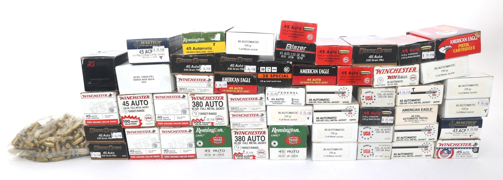 PISTOL AMMUNITION - 140 POUNDS TGW: PISTOL AMMUNITION - 140 POUNDS TGW Pistol ammunition - 140 pounds total gross weight. Calibers include .45 ACP, .380 ACP and .38 SPL. Weight includes packaging. Packages may be opened and partial. Cal