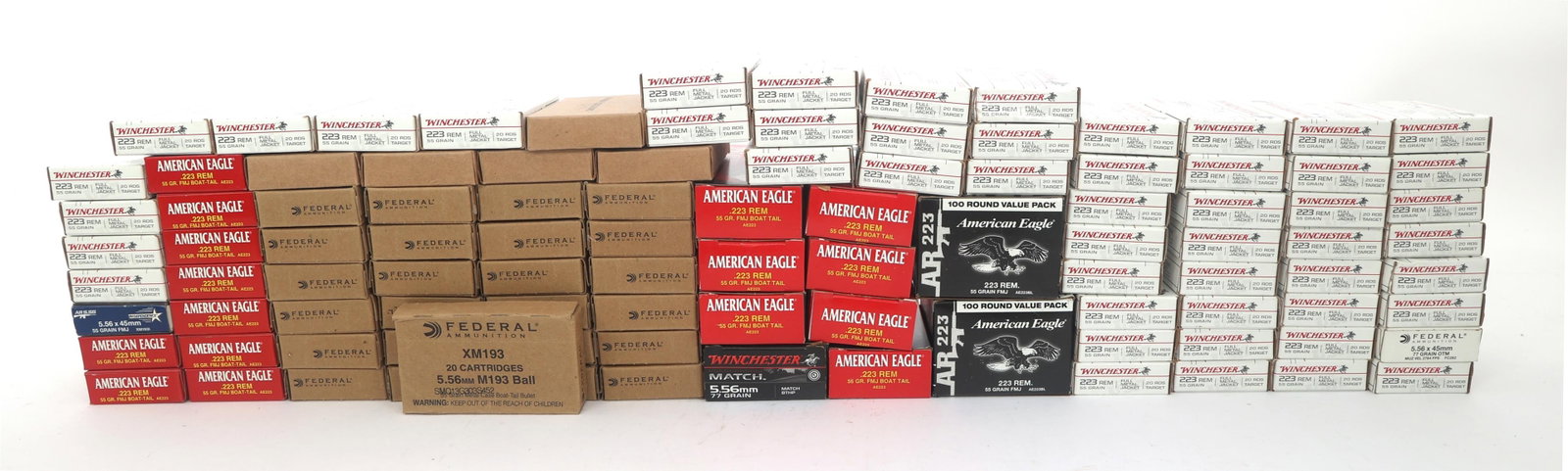 5.56mm / .223 RIFLE AMMUNITION - 58 POUNDS TGW: 5.56mm / .223 RIFLE AMMUNITION - 58 POUNDS TGW 5.56 / .223 rifle ammunition - 58 pounds total gross weight. Brands include American Eagle, Independence, Federal, Winchester and Lake City. Weight inclu