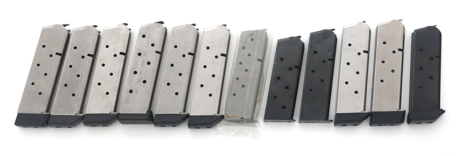 1911 STYLE .45 ACP CALIBER PISTOL MAGAZINES: 1911 STYLE .45 ACP CALIBER PISTOL MAGAZINES Twelve .45 ACP caliber magazines for 1911 style pistols. Brands include J&J, Kimber, & Colt. Size / Gauge: 45 ACP