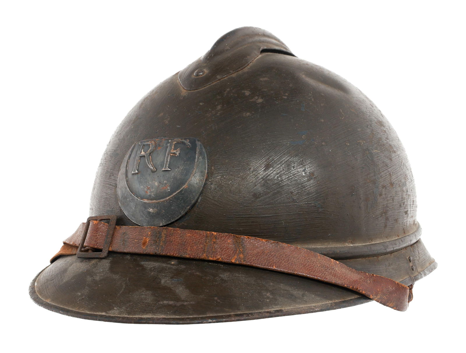WWI FRENCH AFRICAN ARMY M15 ADRIAN HELMET: WWI FRENCH AFRICAN ARMY M15 ADRIAN HELMET WWI French African Army M15 Adrian Helmet. Dark khaki painted shell with frontal African Army insignia. Leather liner and chinstrap.