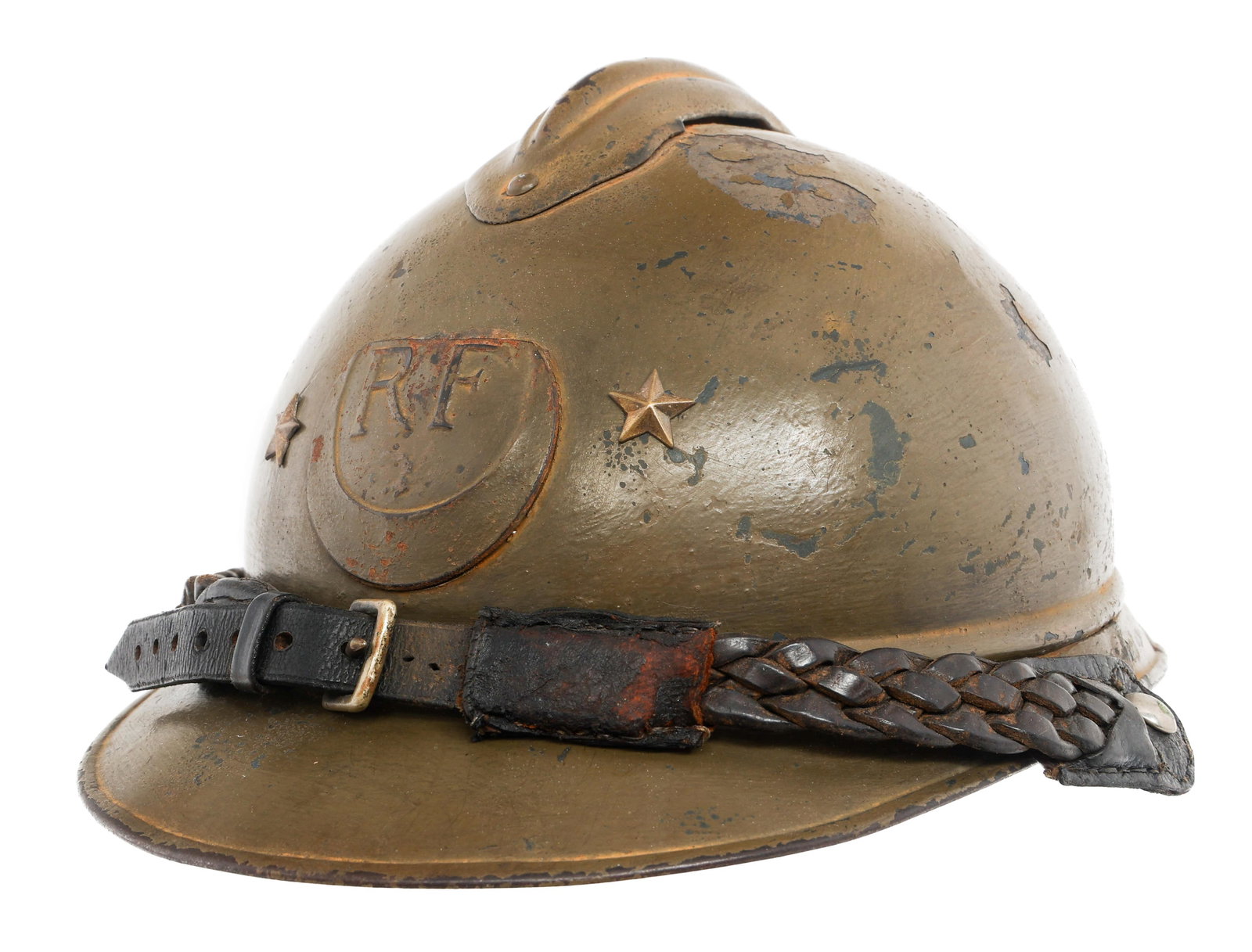 WWI FRENCH AFRICAN ARMY GENERAL M15 ADRIAN HELMET: WWI FRENCH AFRICAN ARMY GENERAL M15 ADRIAN HELMET WWI French African Army General M15 Adrian Helmet. Khaki painted shell with frontal African Army and General Officer star insignia. Leather liner and