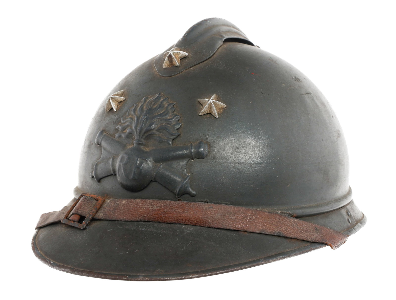 WWI FRENCH 3-STAR ARTILLERY GENERAL M15 HELMET: WWI FRENCH 3-STAR ARTILLERY GENERAL M15 HELMET WWI French Three-star General (Divisional General) of Artillery M15 Adrian Helmet. Horizon blue painted shell. Frontal Artillery insignia with three appl