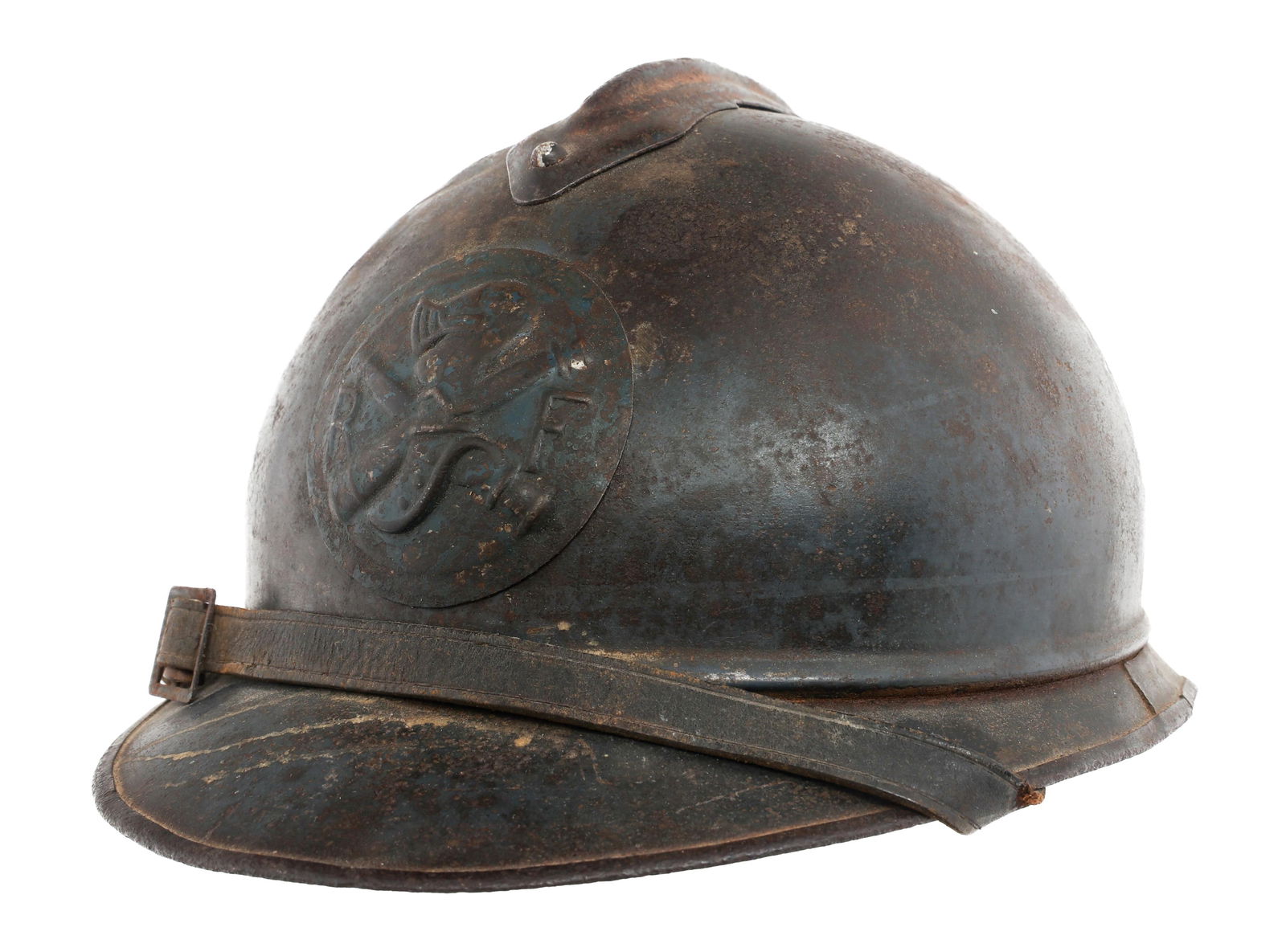 1920s FRENCH ARMORED CORPS M15 ADRIAN HELMET: 1920s FRENCH ARMORED CORPS M15 ADRIAN HELMET 1920s French Armored Corps M15 Adrian Helmet. Horizon blue painted shell. Frontal Armored Corps insignia. Leather liner and chinstrap.