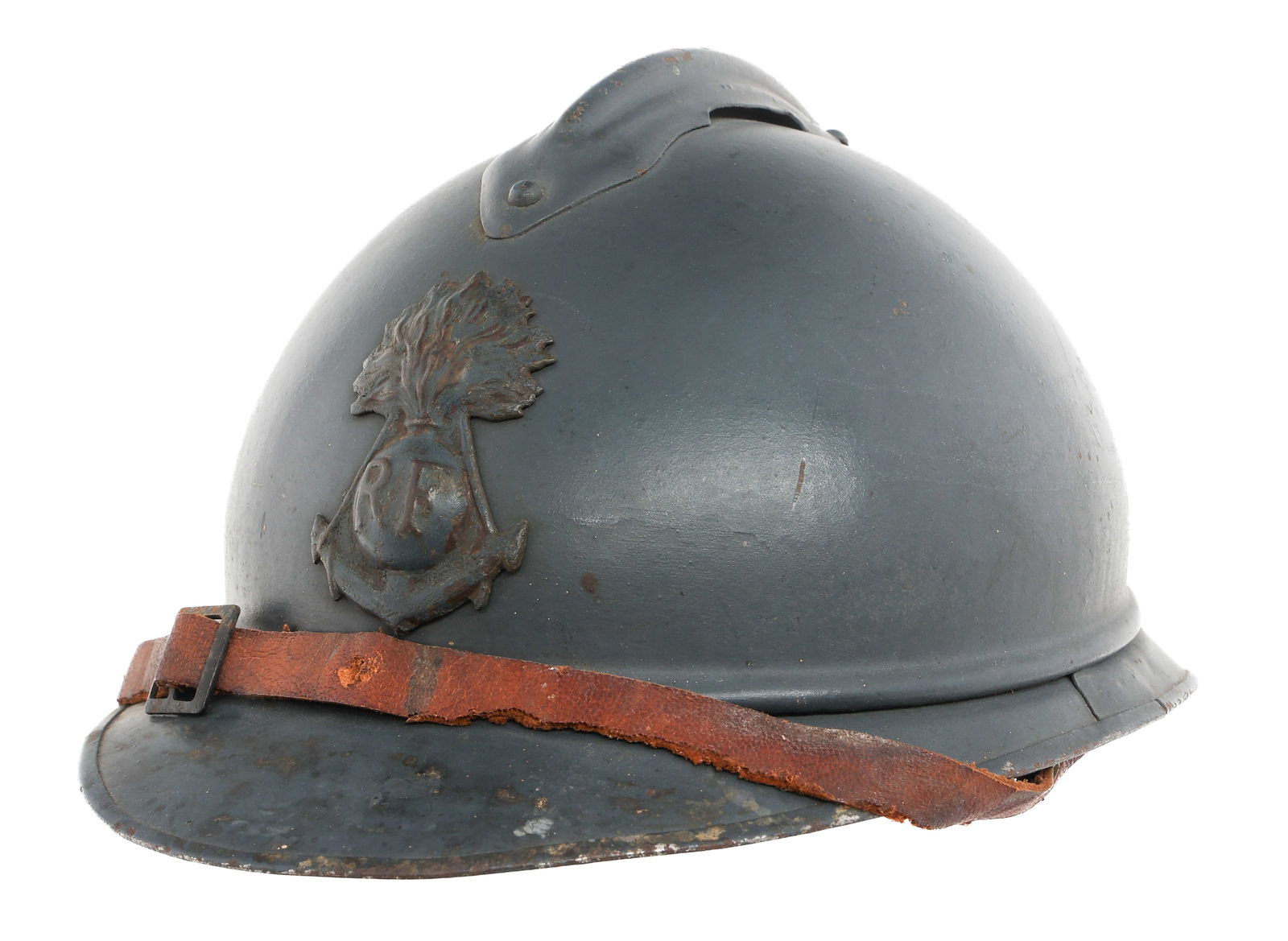 WWI FRENCH COLONIAL INFANTRY M15 ADRIAN HELMET: WWI FRENCH COLONIAL INFANTRY M15 ADRIAN HELMET WWI French Colonial Infantry M15 Adrian Helmet. Horizon blue painted shell. Frontal Colonial Infantry insignia. Leather liner and chinstrap. Size: 58 B2