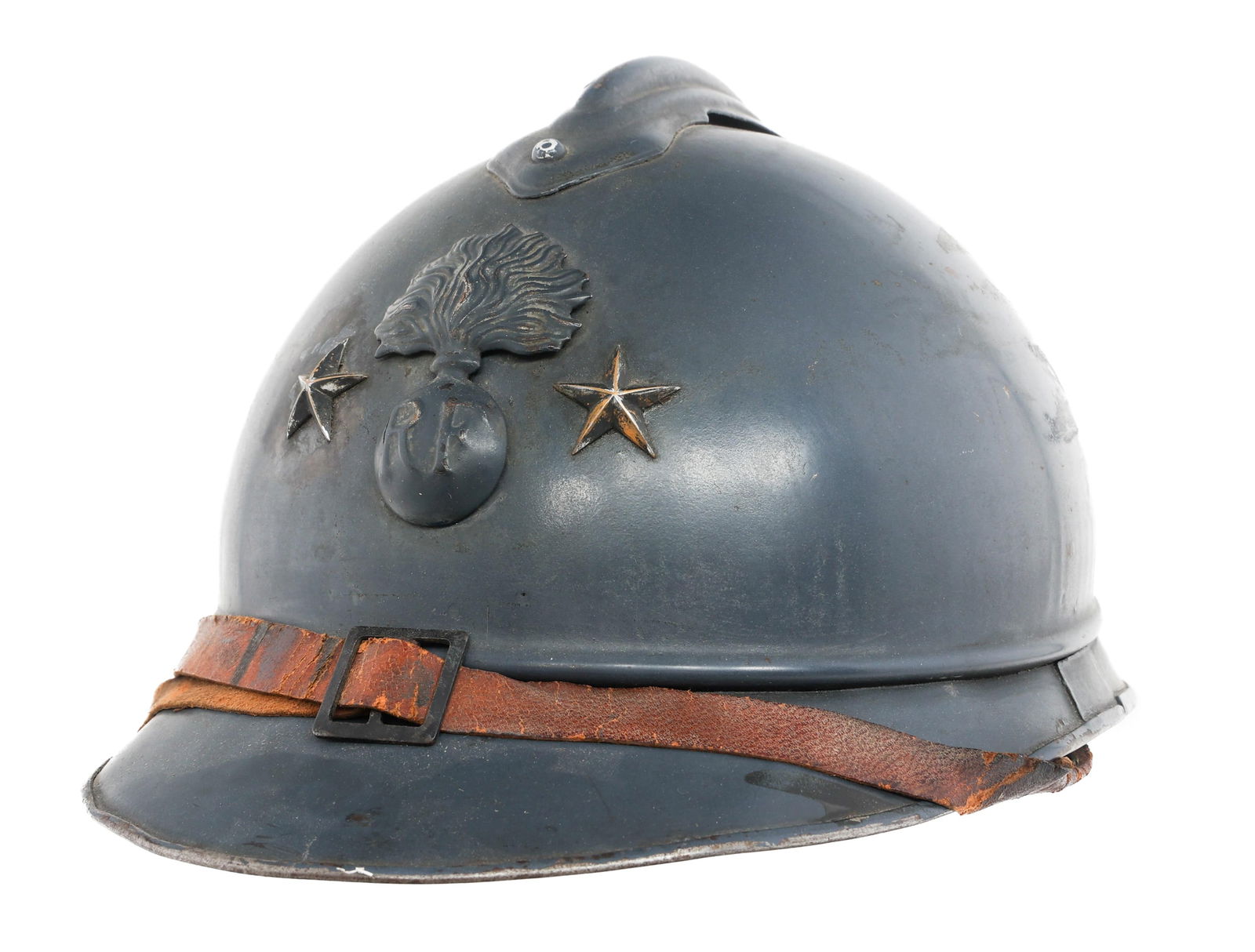 WWI FRENCH 2-STAR INFANTRY GENERAL M15 HELMET: WWI FRENCH 2-STAR INFANTRY GENERAL M15 HELMET WWI French Two-Star General (Brigade General) of Infantry M15 Adrian Helmet. Blue painted shell. Frontal Infantry insignia with two applied stars. Leather