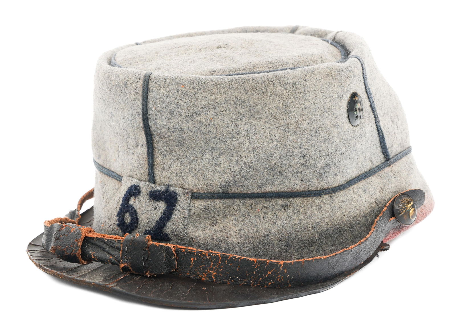 WWI FRENCH 67th REGIMENT M1884/14 ENLISTED KEPI: WWI FRENCH 67th REGIMENT M1884/14 ENLISTED KEPI WWI French Army 67th Regiment Enlisted M1884/14 1st Type, Horizon Blue Kepi. Vent holes present on both sides. Blue piping. Frontal 67th Regiment numeri